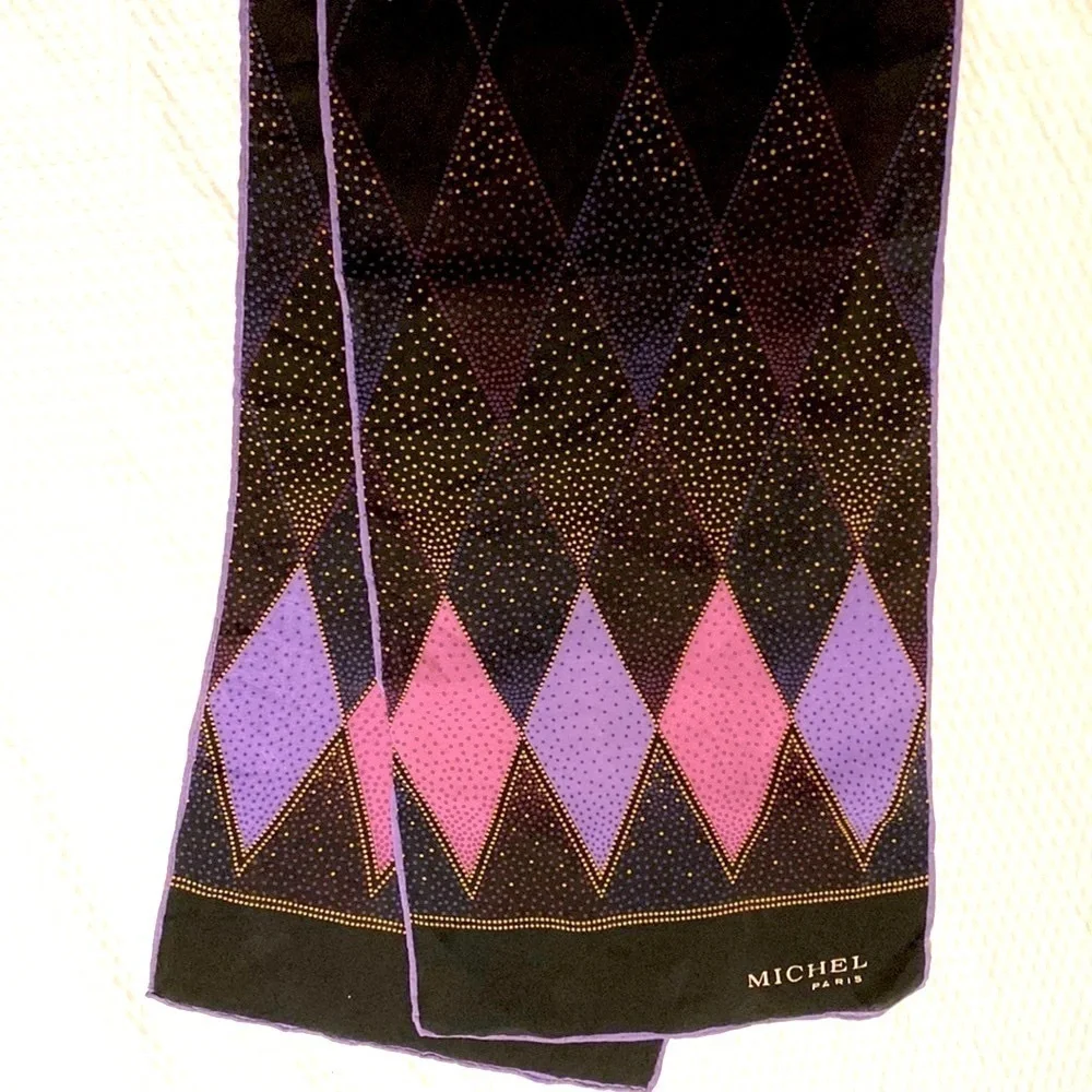Michel Paris Silk Argyle Scarf Black and Purple 52 Inch